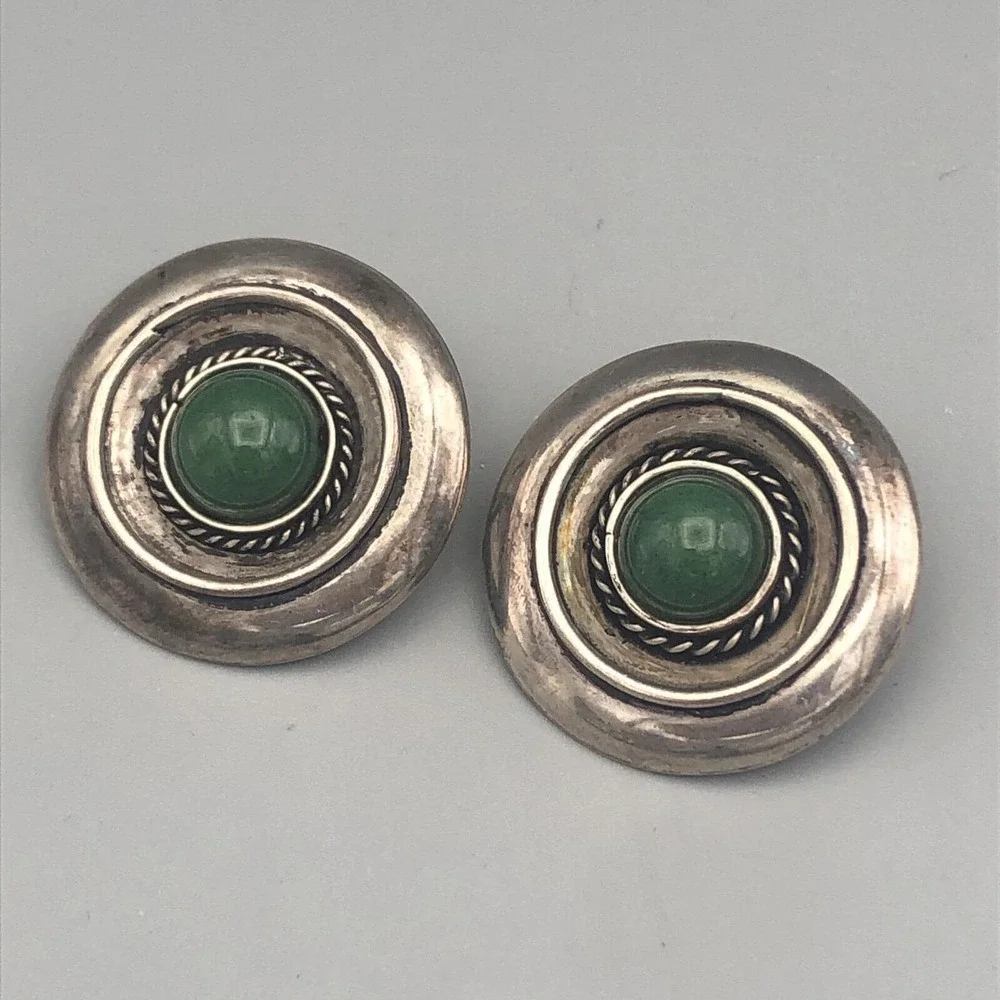 Vintage Sterling Silver Round Disc Earrings with Green Aventurine Clip Ons